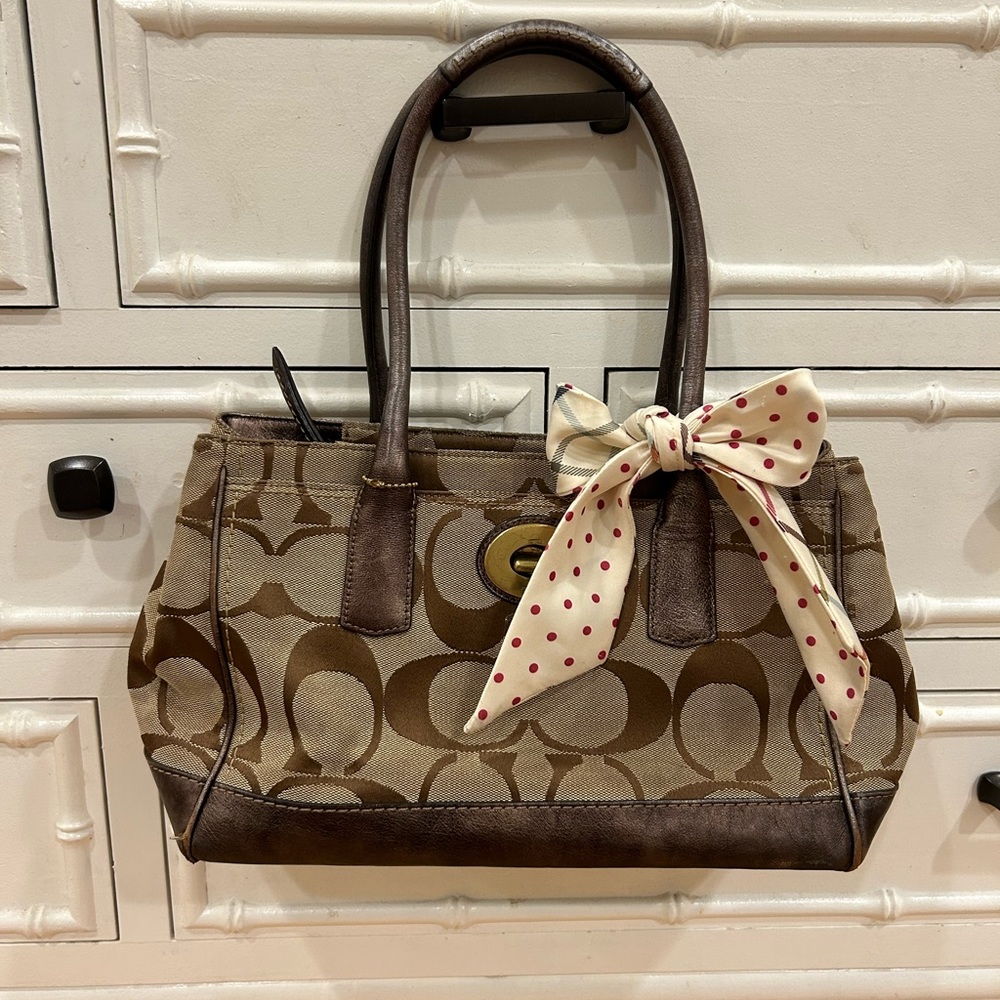 Coach F0826-12463 Brown/Tan Signature C Zip Close 2 Strap Bottom Studs Handbag